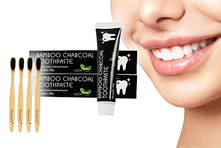 Bamboo Charcoal 2 Teeth Whitening Toothpaste with 4 Bamboo Toothbrush